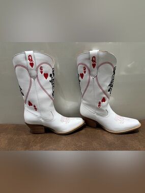 Viral Dingo Ladies Queen A Hearts White Leather Boots DI174-WHT SZ 8